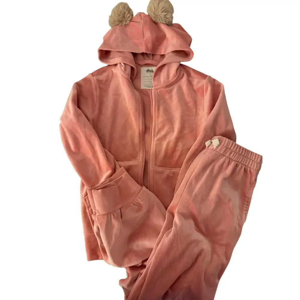 Tea collection light pink velour zip hoodie and pants outfit size 7
